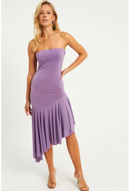 Kadın Lila Straplez Asimetrik Midi Elbise DMR337