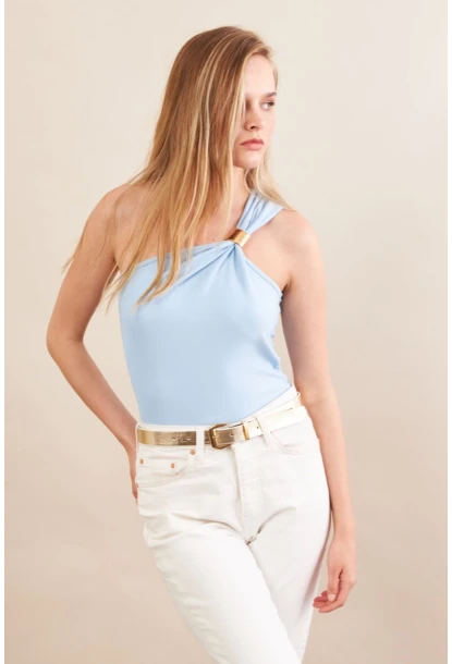 Kadın Mavi Asimetrik Aksesuarlı Bluz FRY2311