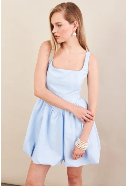 Kadın Mavi Askılı Mini Balon Elbise ERL105