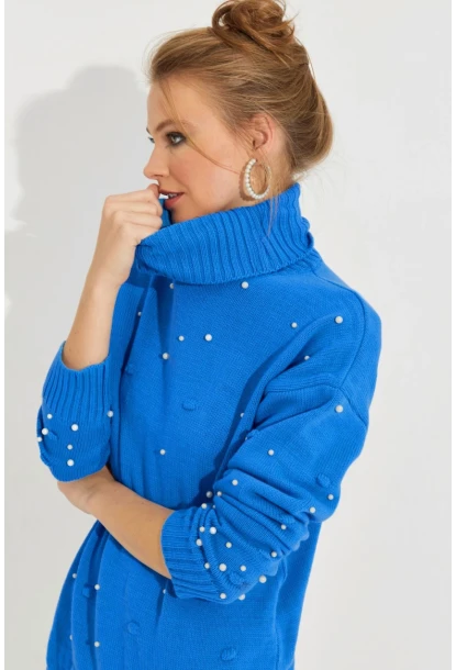 Kadın Mavi Balıkçı Yaka İncili Triko Kazak MSS129
