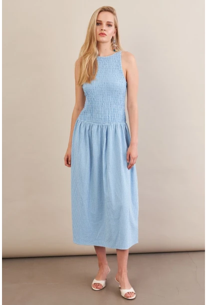 Kadın Mavi Beli Lastikli Gipeli Midi Elbise ZH130