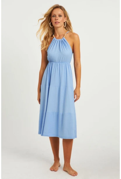 Kadın Mavi Boncuk Detaylı Bürümcük Midi Elbise HO52