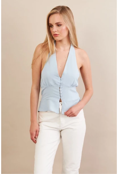 Kadın Mavi Boyun Bağlamalı Keten Yelek FS129