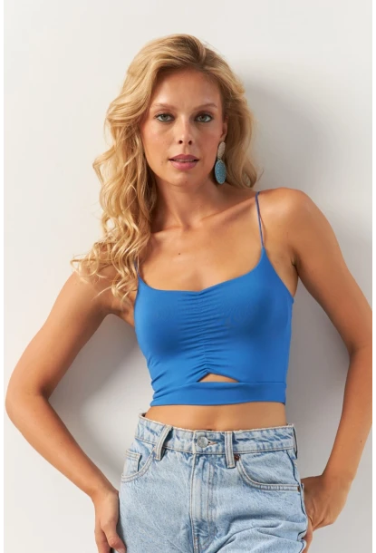 Kadın Mavi Büzgülü Crop Bluz MSH125
