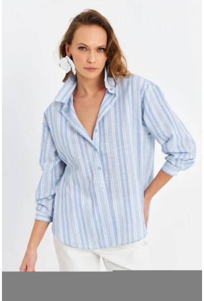 Kadın Mavi Çizgili Keten Gömlek ROP102