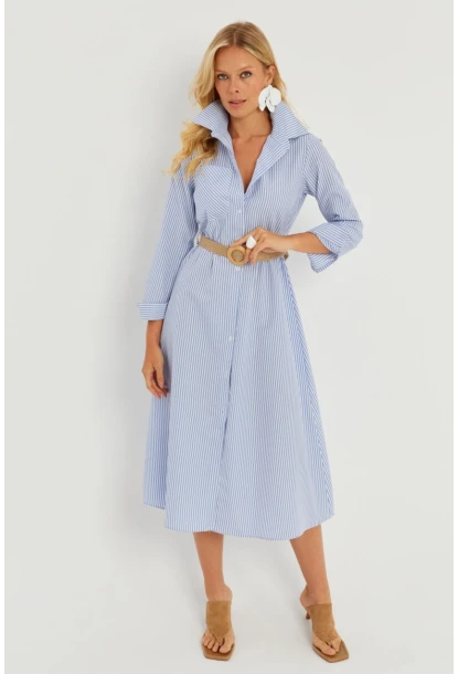 Kadın Mavi Çizgili Midi Gömlek Elbise PP5515