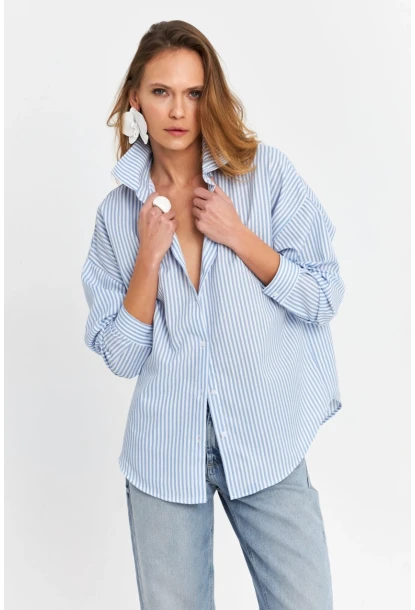 Kadın Mavi Çizgili Oversize Gömlek ZER420