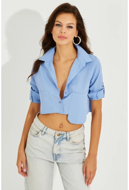 Kadın Mavi Crop Cepli Gömlek TD153