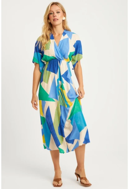 Kadın Mavi Desenli Kruvaze Midi Elbise HT108