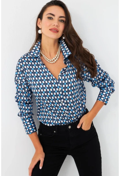 Kadın Mavi Desenli Saten Gömlek SHR9