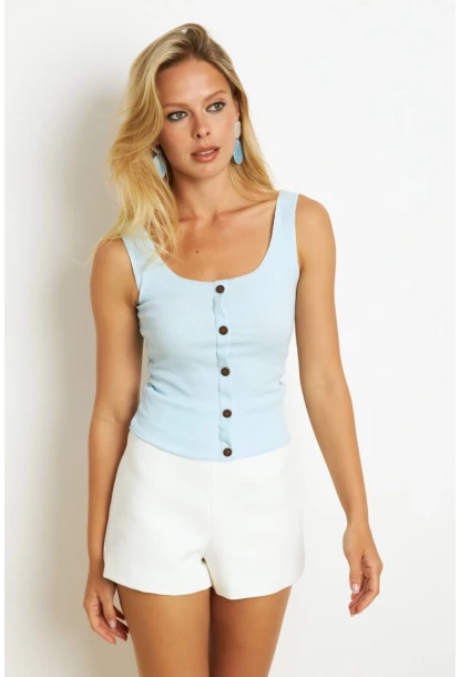 Kadın Mavi Düğme Aksesuarlı Bluz MK14