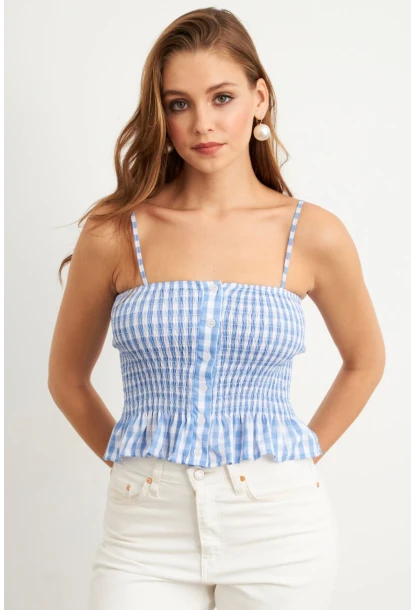 Kadın Mavi Ekose Lastikli Crop Bluz MTK13397