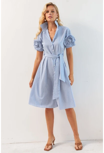 Kadın Mavi Gül Detaylı Midi Gömlek Elbise SF12812