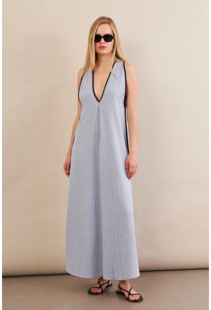 Kadın Mavi Kontrast Çizgili Maxi Keten Elbise MSİ101