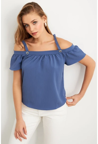 Kadın Mavi Kontrast Kollu Bürümcük Bluz RX452