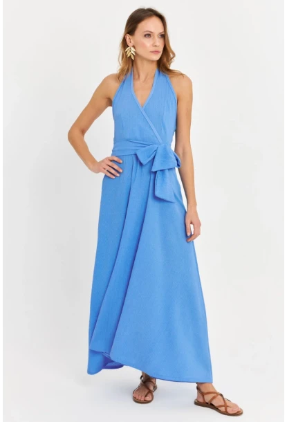 Kadın Mavi Kruvaze Bürümcük Maxi Elbise EY3053