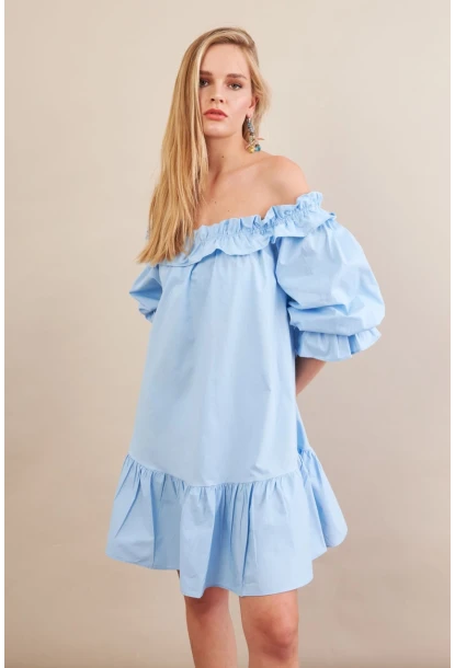 Kadın Mavi Madonna Yaka Midi Elbise PSG1012