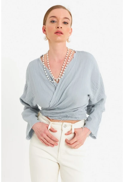 Kadın Mavi Müslin Crop Bluz PC20700