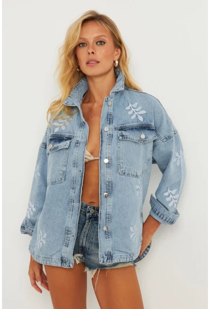 Kadın Mavi Nakışlı Denim Ceket İS248
