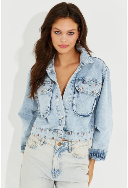 Kadın Mavi Nakışlı Denim Kısa Ceket İS802