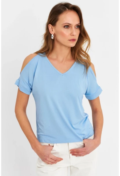 Kadın Mavi Omuzları Açık Bluz BR1329