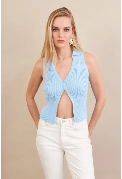 Kadın Mavi Polo Yaka Yumoş Yelek ZH050