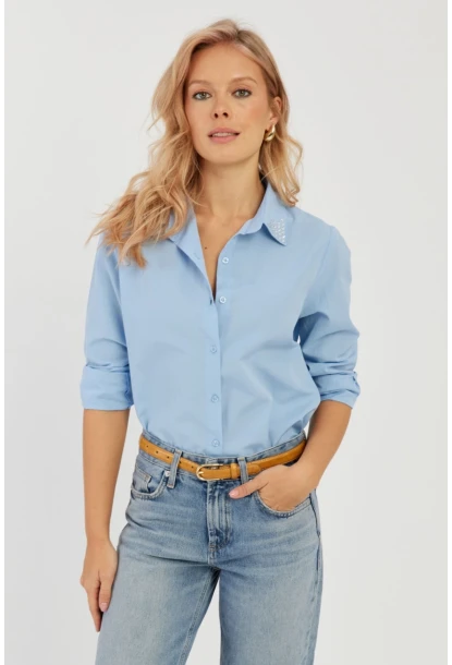 Kadın Mavi Taş Detaylı Gömlek ZER402