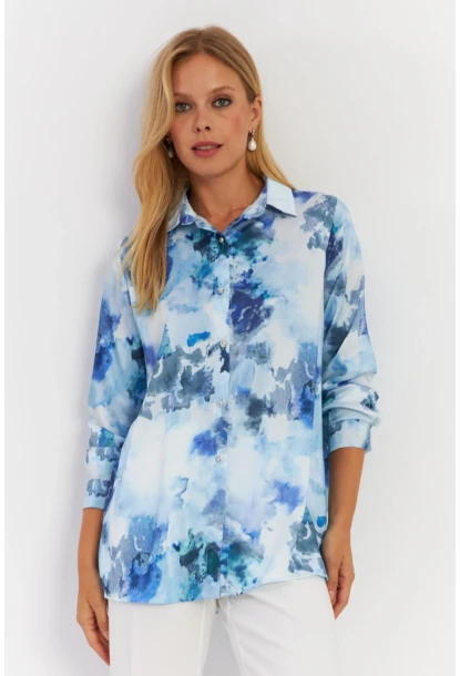 Kadın Mavi Taş Düğmeli Desenli Gömlek MLVF9