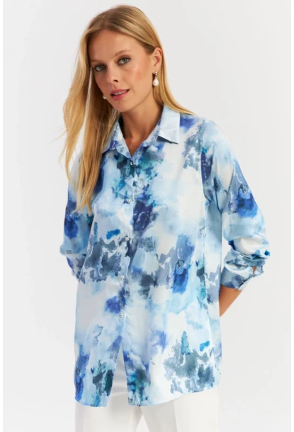 Kadın Mavi Taş Düğmeli Desenli Gömlek MLVF9