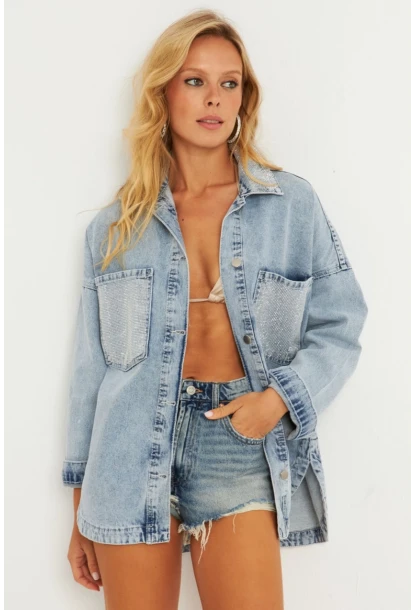 Kadın Mavi Taşlı Denim Ceket İS249