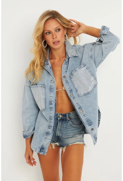 Kadın Mavi Taşlı Denim Ceket İS249