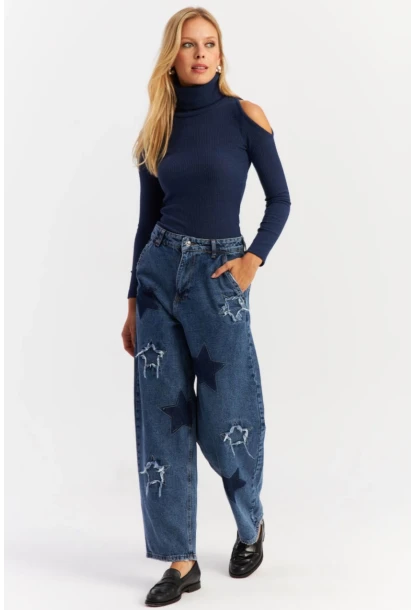 Kadın Mavi Yamalı Jean Pantolon AUR1