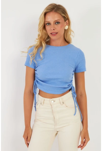 Kadın Mavi Yanları Büzgülü Kaşkorse Bluz AYD355