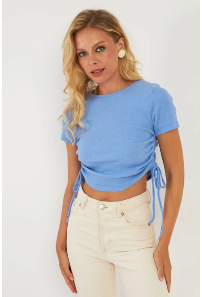 Kadın Mavi Yanları Büzgülü Kaşkorse Bluz AYD355