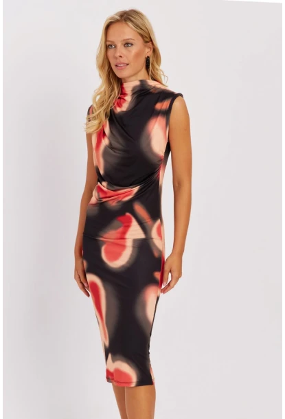 Kadın Mercan-Antrasit Büzgülü Midi Elbise NÇ520