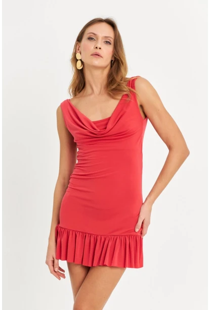 Kadın Mercan Degaje Yaka Mini Elbise HOR0078