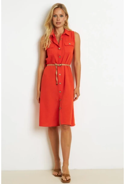 Kadın Mercan Kemerli Gömlek Midi Elbise SGT404