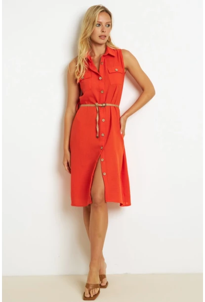 Kadın Mercan Kemerli Gömlek Midi Elbise SGT404