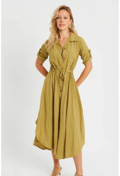 Kadın Midi Gömlek Elbise Haki Q984