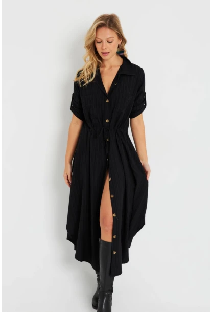 Kadın Midi Gömlek Elbise Siyah Q984