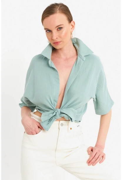 Kadın Mint Bağlamalı Keten Bluz BTH16
