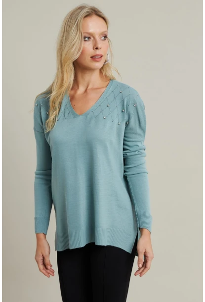 Kadın Mint V Yaka Taşlı İnce Triko Bluz MYİL002