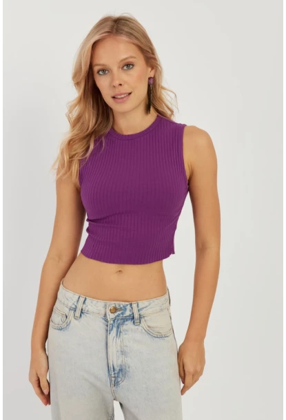 Kadın Mor Fitilli Crop Bluz LPP1262