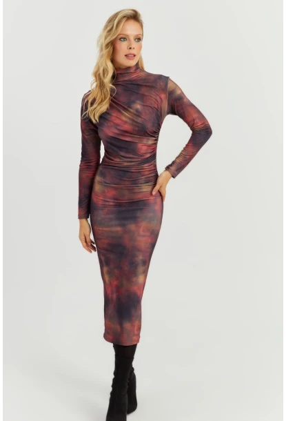 Kadın Multi Büzgülü Desenli Midi Elbise MON118