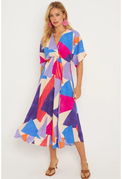 Kadın Multi Desenli Kruvaze Midi Elbise HT108