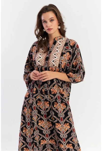 Kadın Multi Etnik Desenli Maxi Dokuma Elbise ALO228