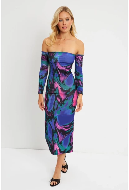 Kadın Multi Madonna Yaka Desenli Midi Elbise DMR278