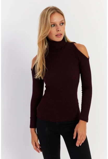 Kadın Mürdüm Omuzları Açık Kaşkorse Bluz HOR04