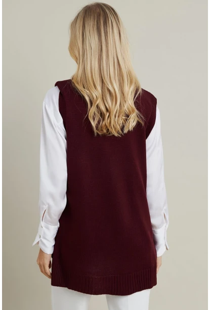 Kadın Mürdüm Yanları Düğmeli Kolsuz Triko Tunik YV75