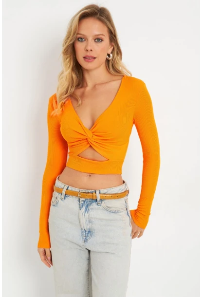 Kadın Önü Düğümlü Crop Bluz Turuncu AYD287